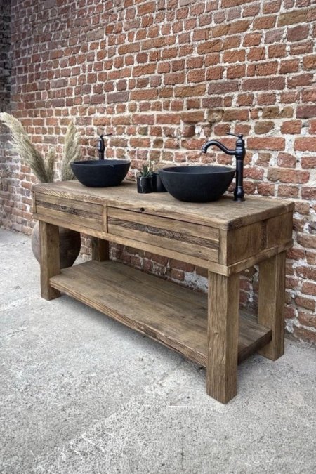 مغسلة خشب ريفية مزدوجة بحوضين علويين